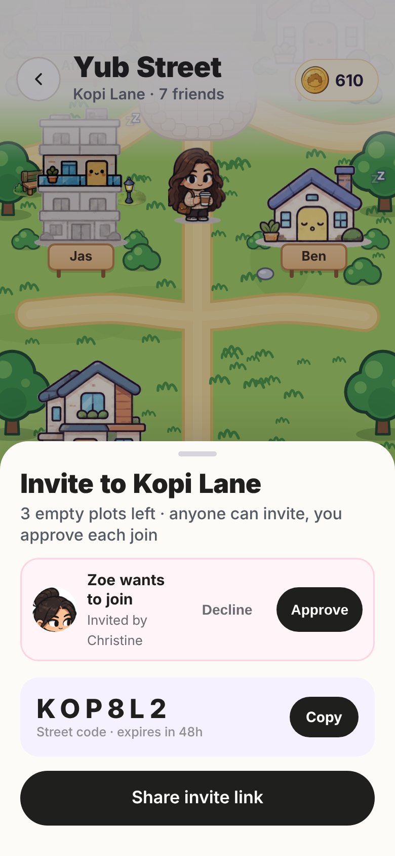 Invite to Kopi Lane: a join request to approve, the Street code and a Share invite link button
